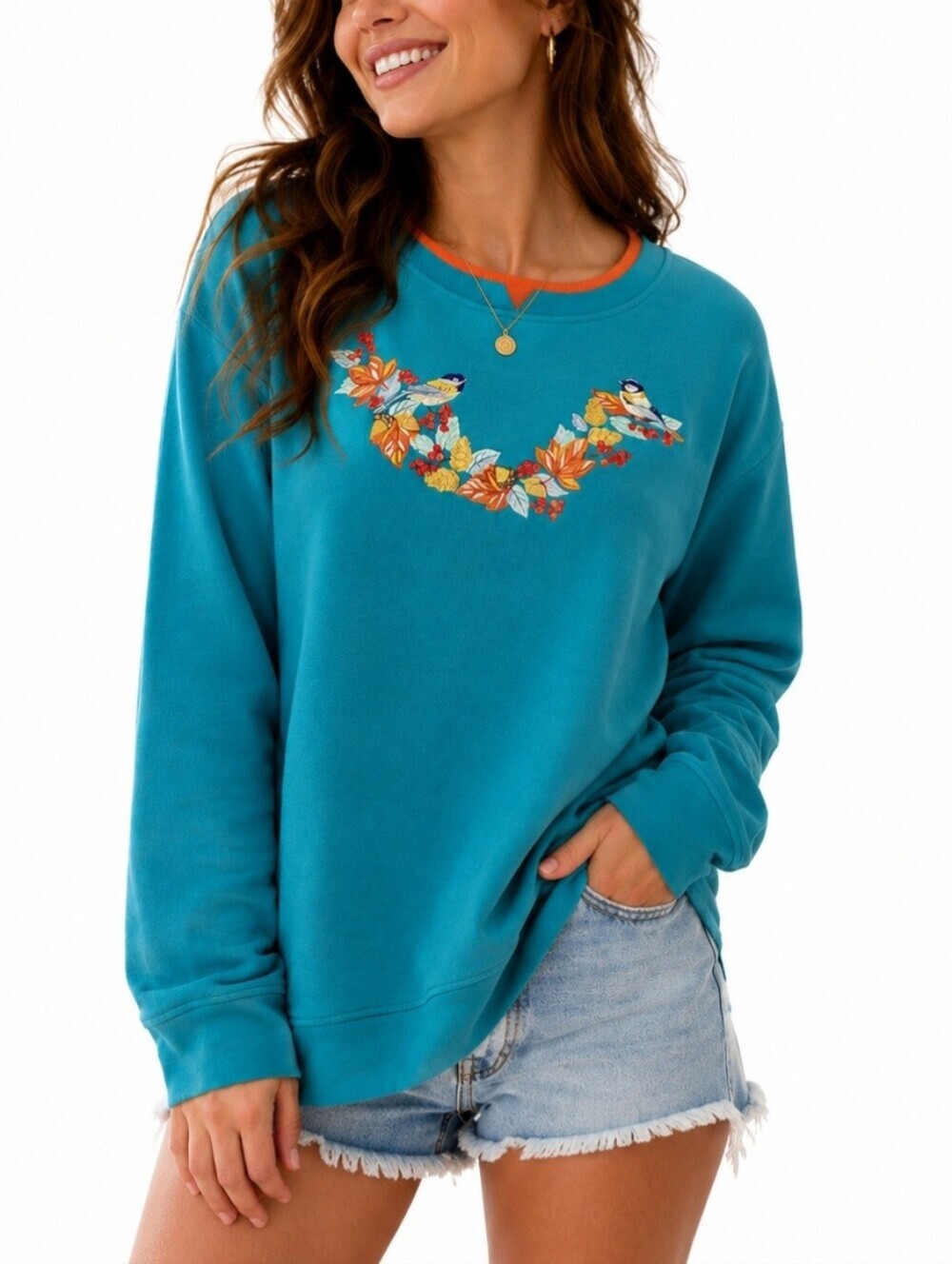 Liberty Lane Grandma Sweatshirt SZ 1X Embroidered Birds Floral Cottagecore Teal